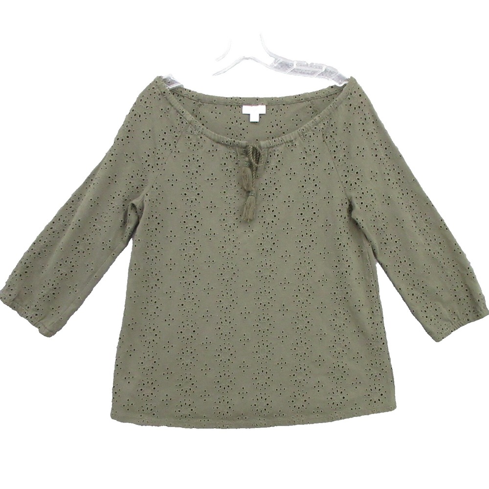 J. Jill Womens Blouse Size Small Green Pullover Drawstring Neckline Long Sleeve